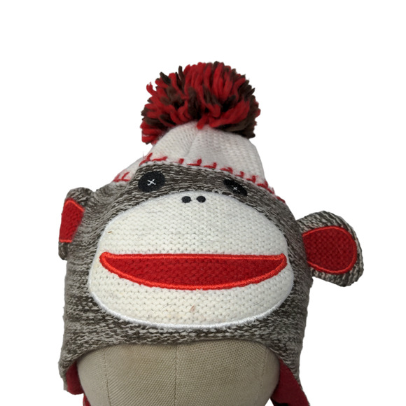Toffee Apple Boys Sock Monkey Beanie Hat Gray Red 2013 Ear Flaps - Picture 1 of 11